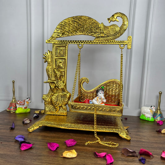 Laddu Gopal Krishna Peacock Jhula Metal golden