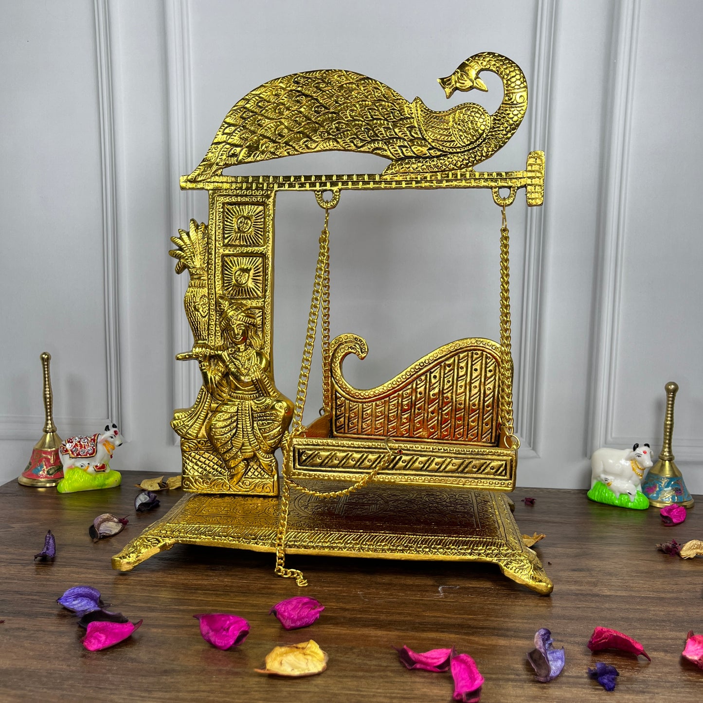 Laddu Gopal Krishna Peacock Jhula Metal golden