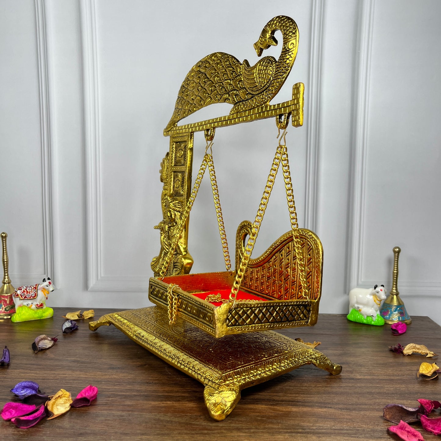 Laddu Gopal Krishna Peacock Jhula Metal golden