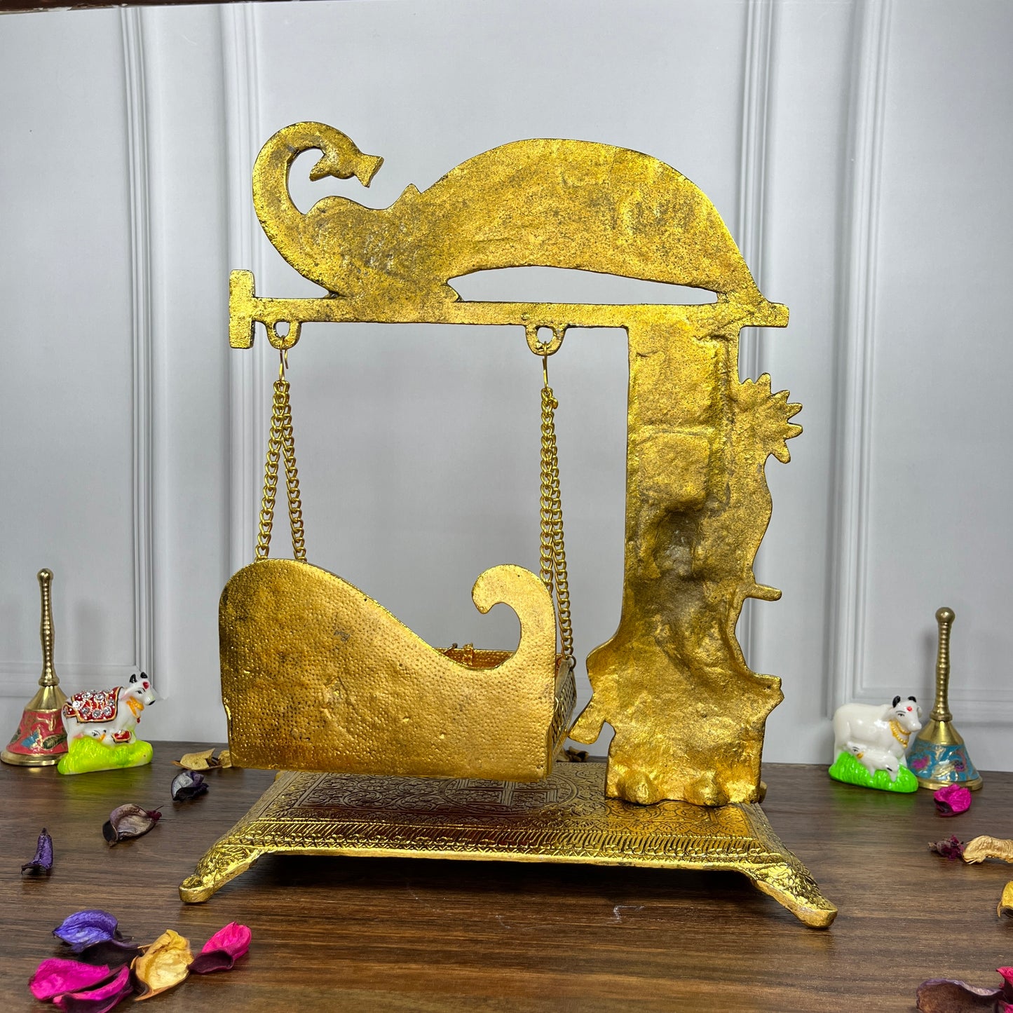 Laddu Gopal Krishna Peacock Jhula Metal golden