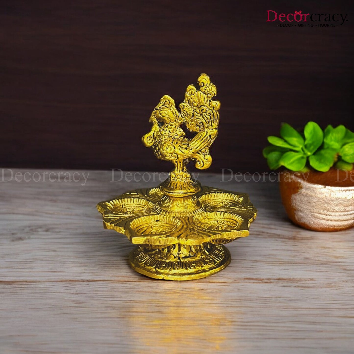 Peacock Designer Diya of 5 Wicks Mor Deepak Metal golden