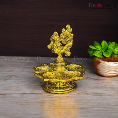Peacock Designer Diya of 5 Wicks Mor Deepak Metal golden