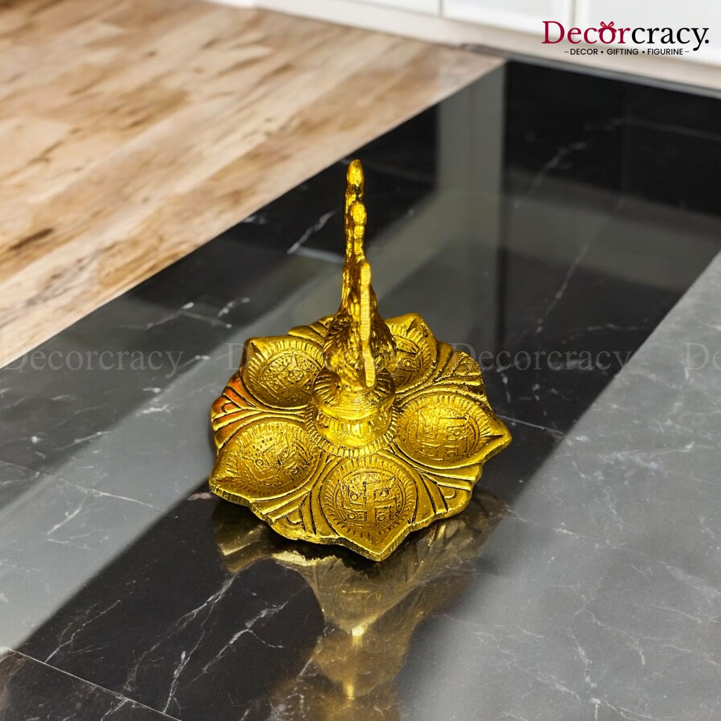 Peacock Designer Diya of 5 Wicks Mor Deepak Metal golden