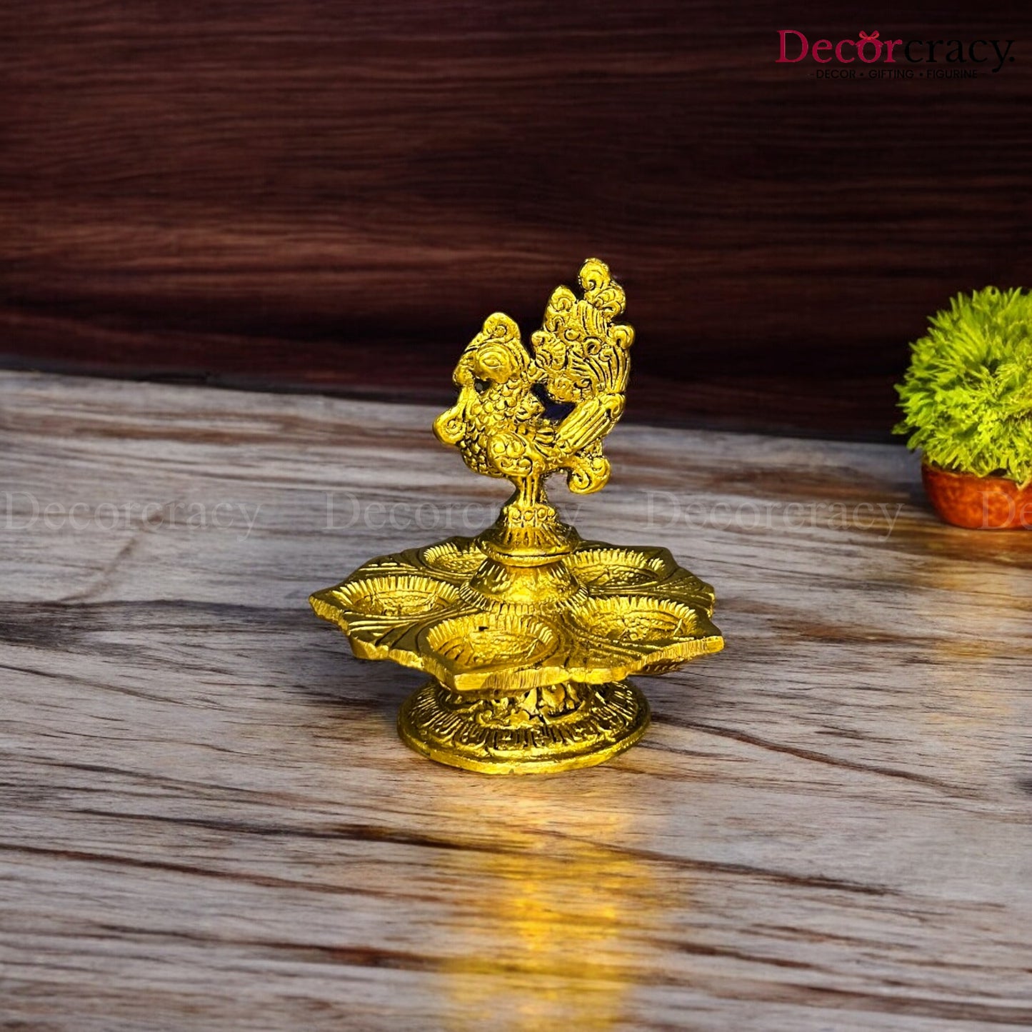 Peacock Designer Diya of 5 Wicks Mor Deepak Metal golden