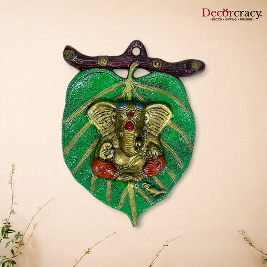 Shree Ganesh Leaf Green Metal Multicolor