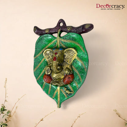Shree Ganesh Leaf Green Metal Multicolor
