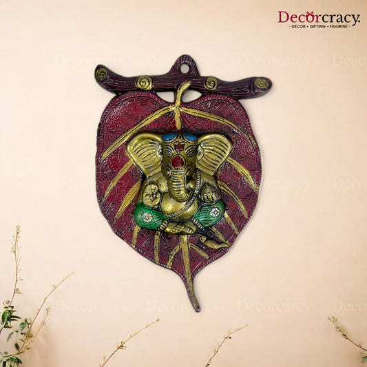 Shree Ganesh Leaf Red Metal Multicolor