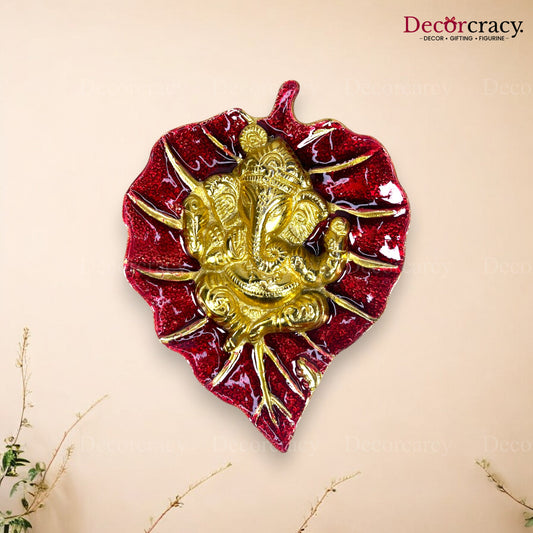 Shree Ganesh Leaf Red Metal Multicolor