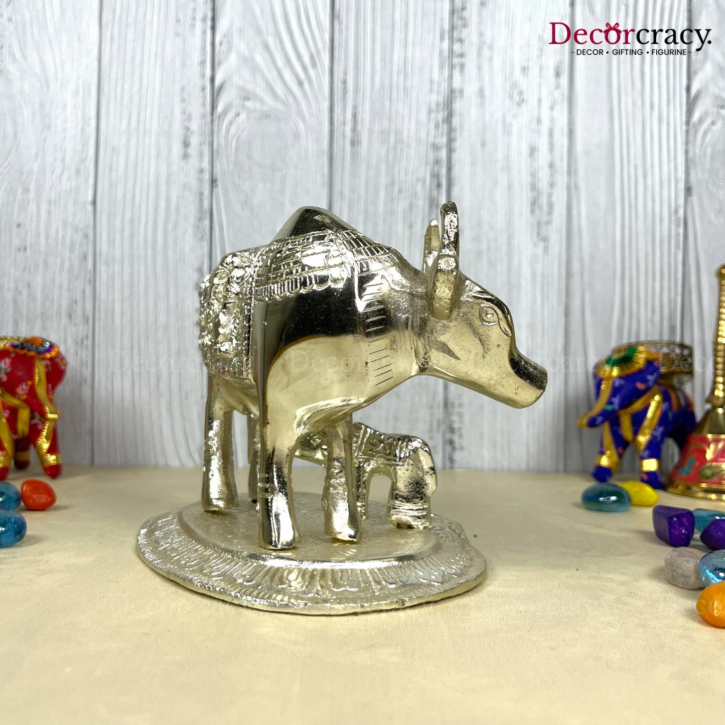 Kaamdhenu Guy Laxmi Ganesh incarved Metal silver Medium
