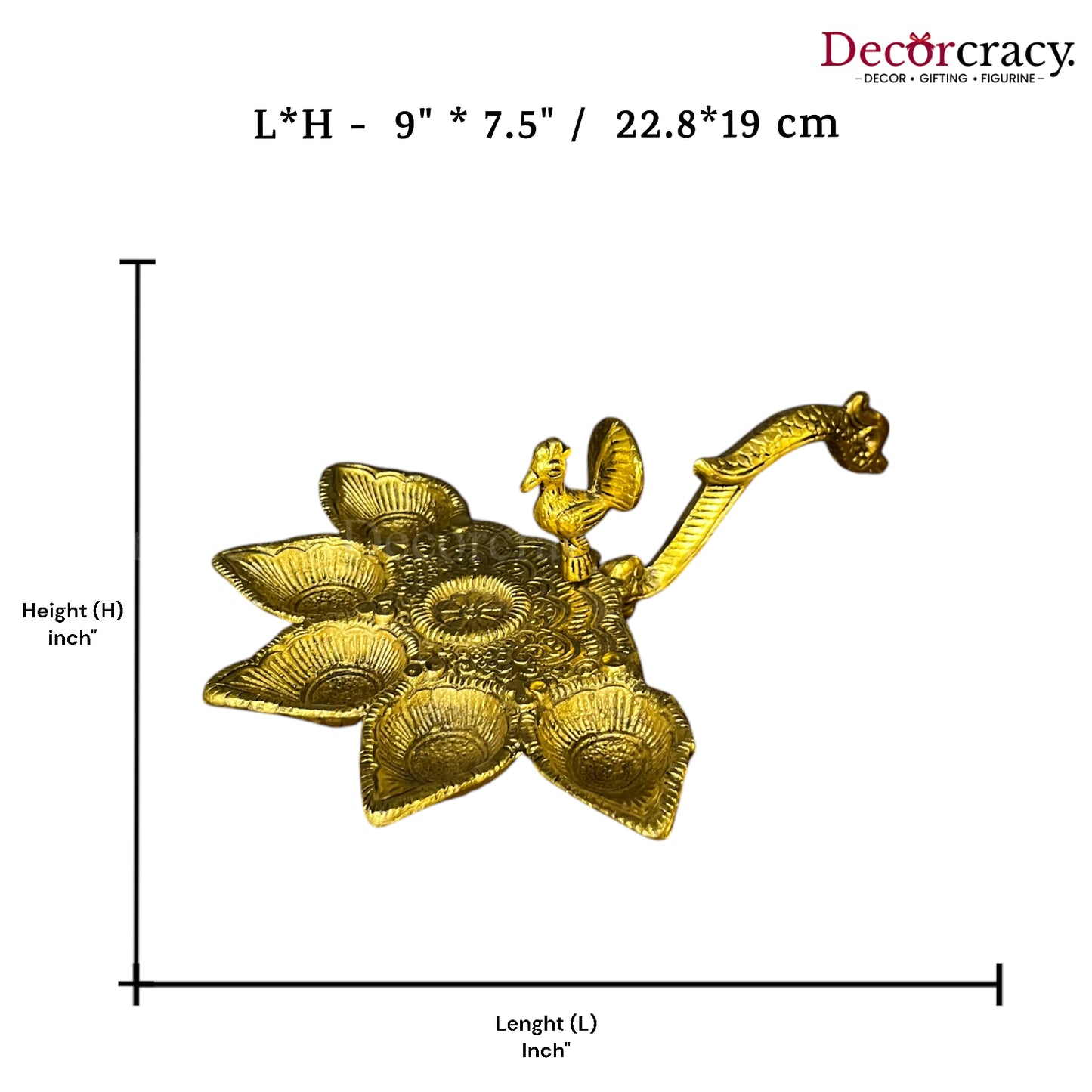 5 Batti Peacock Aarti Deepak with Handle Mor Metal golden