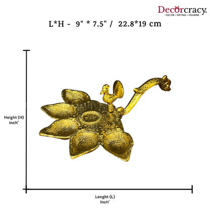 5 Batti Peacock Aarti Deepak with Handle Mor Metal golden
