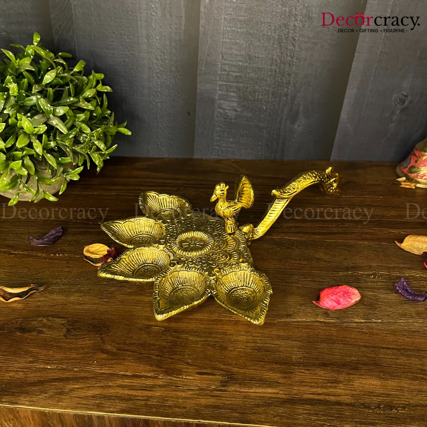 5 Batti Peacock Aarti Deepak with Handle Mor Metal golden