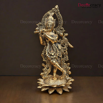 Shree Krishna with Flute on Lotus Metal golden