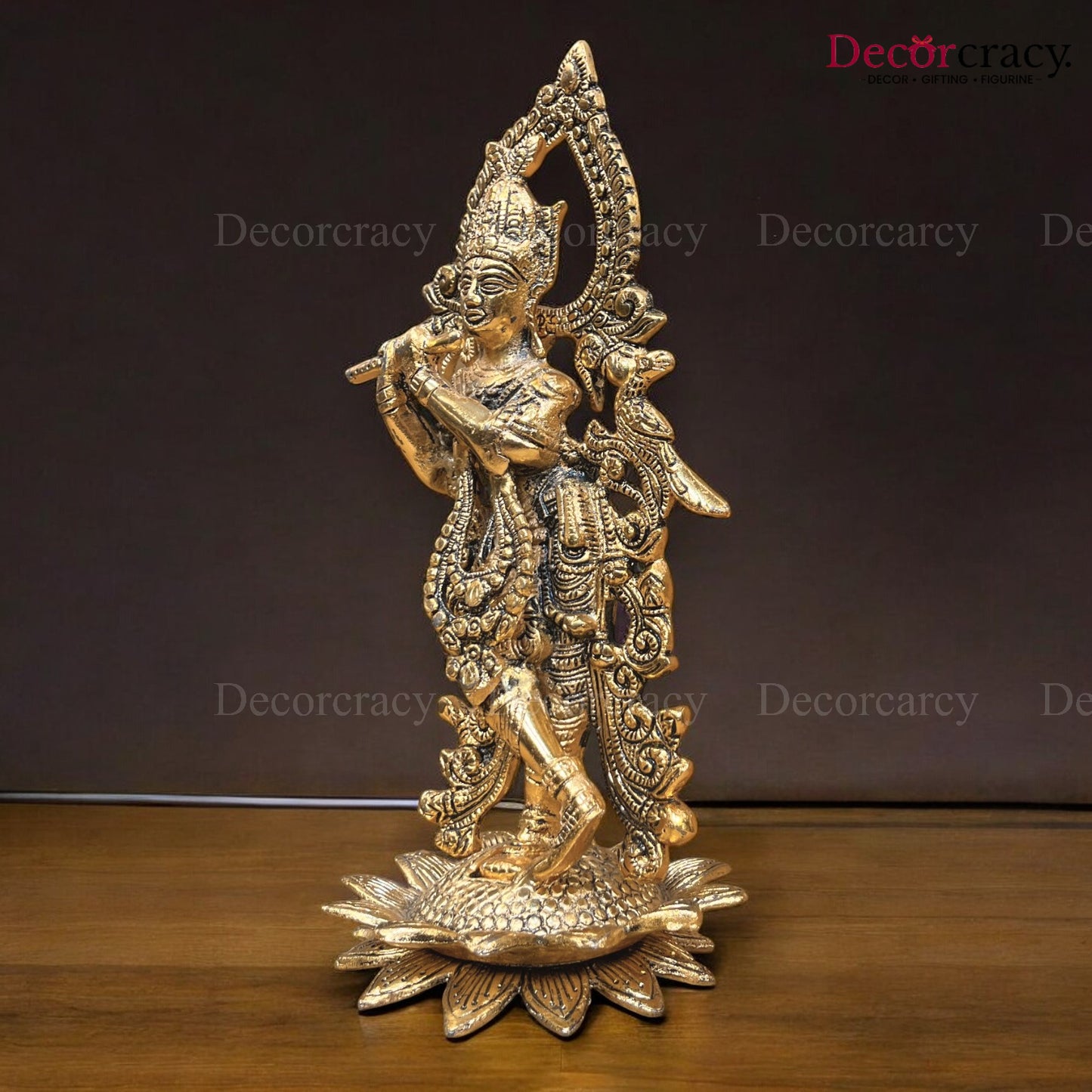 Shree Krishna with Flute on Lotus Metal golden