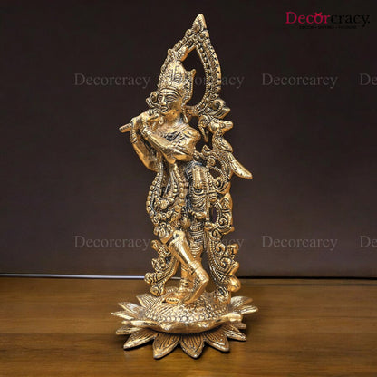 Shree Krishna with Flute on Lotus Metal golden