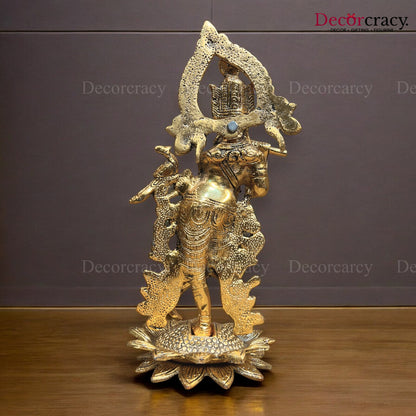Shree Krishna with Flute on Lotus Metal golden