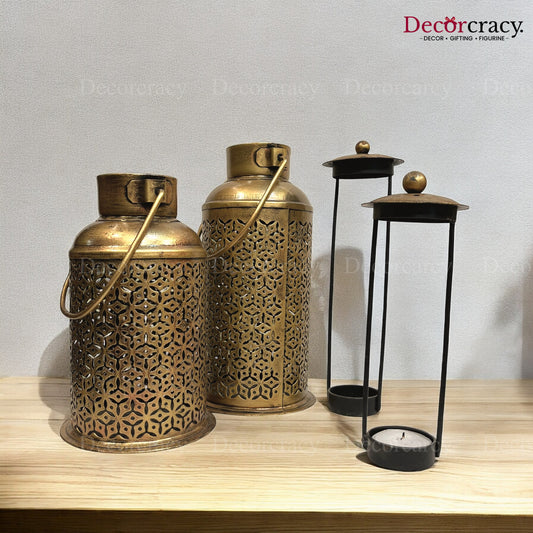 Dhoop Dhani Loban Incense Burner Iron Antique Golden Netted Design Tealight Candle Holder Stand Tribal Village Art Set