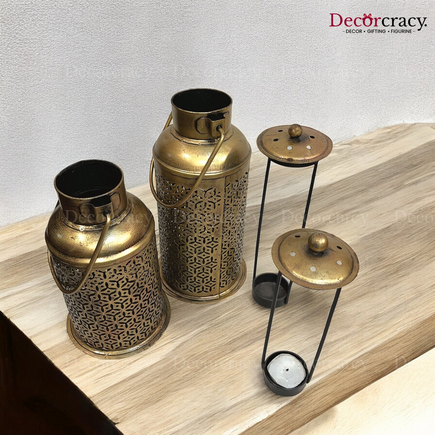 Dhoop Dhani Loban Incense Burner Iron Antique Golden Netted Design Tealight Candle Holder Stand Tribal Village Art Set