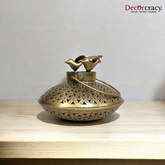 Bird Degchi Iron Antique Golden Netted Design Tealight Candle Holder Stand Tribal Village Art