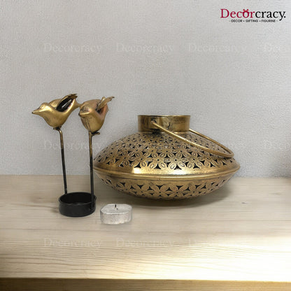 Bird Degchi Iron Antique Golden Netted Design Tealight Candle Holder Stand Tribal Village Art
