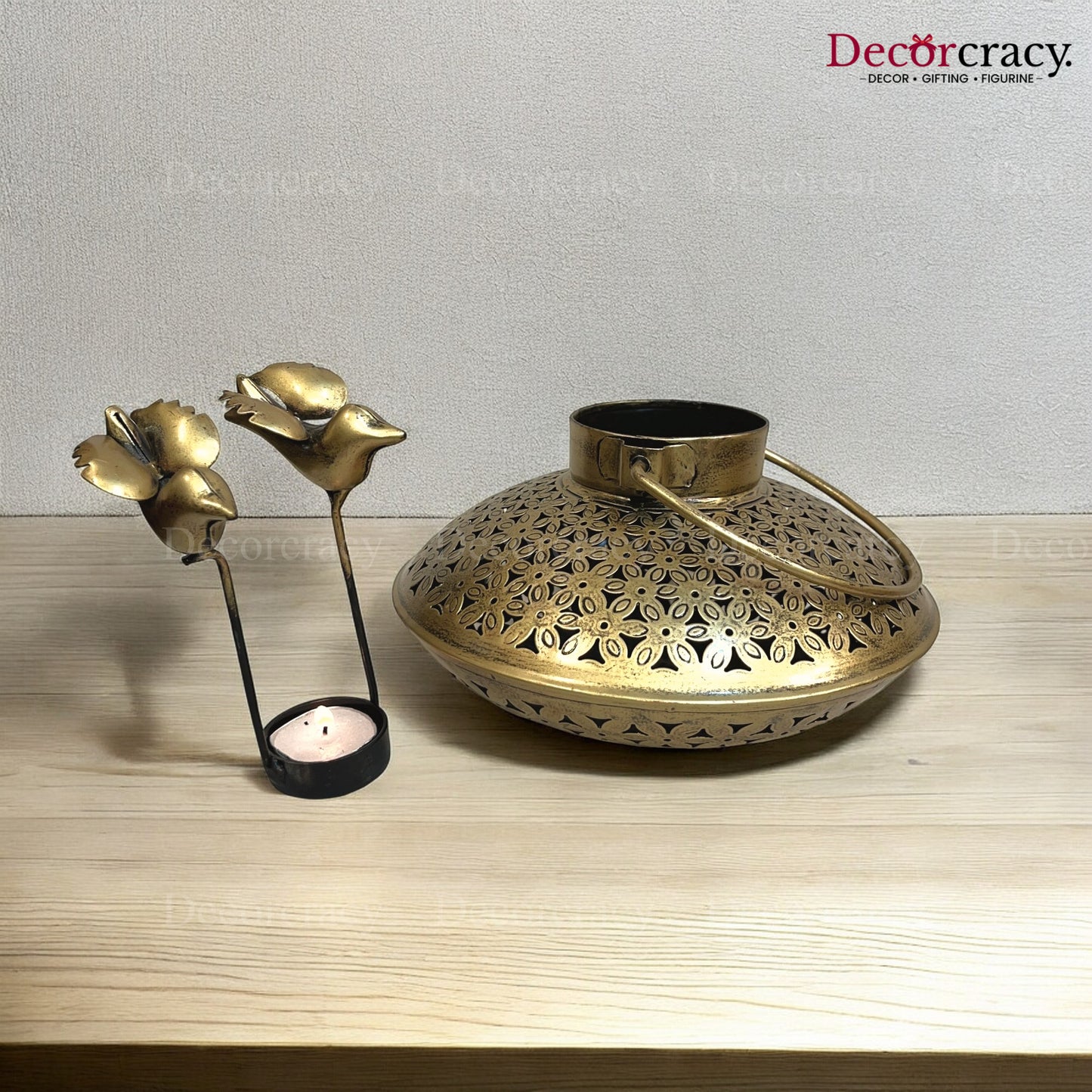 Bird Degchi Iron Antique Golden Netted Design Tealight Candle Holder Stand Tribal Village Art