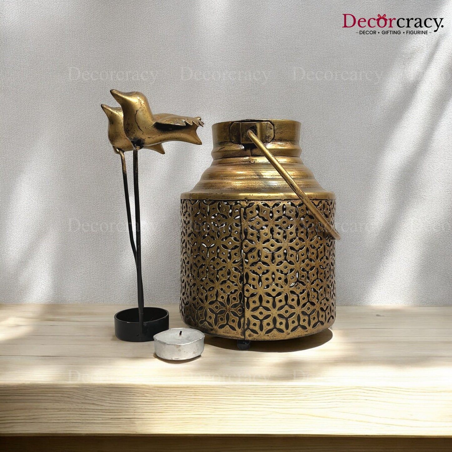 Bird Pot Ketley design Iron Antique Golden Netted Design Tealight Candle Holder Stand Tribal Village Art
