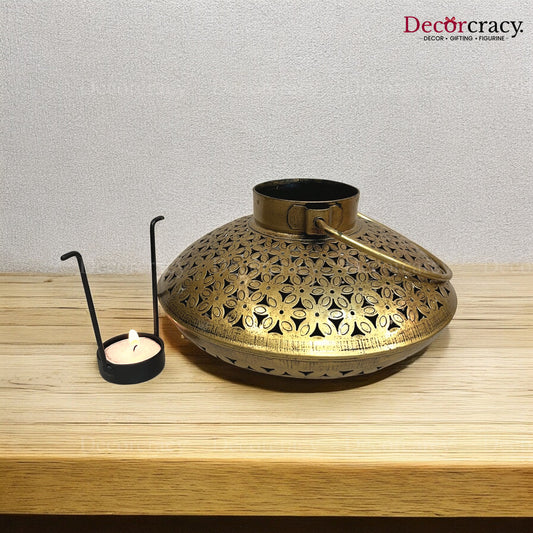Degchi Iron Antique Golden Netted Design Tealight Candle Holder Stand Tribal Village Art