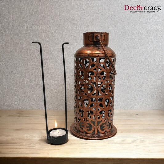 Lantern Iron Antique Copper Netted Design Tealight Candle Holder Stand Tribal Village Art