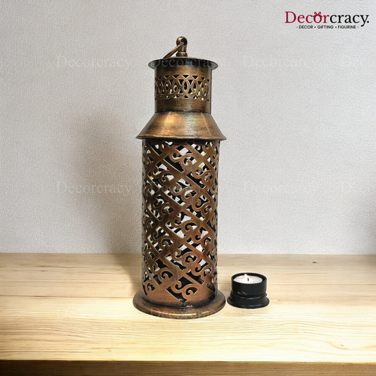 Lantern Covered Iron Antique Copper Netted Design Tealight Candle Holder Stand Tribal Village Art