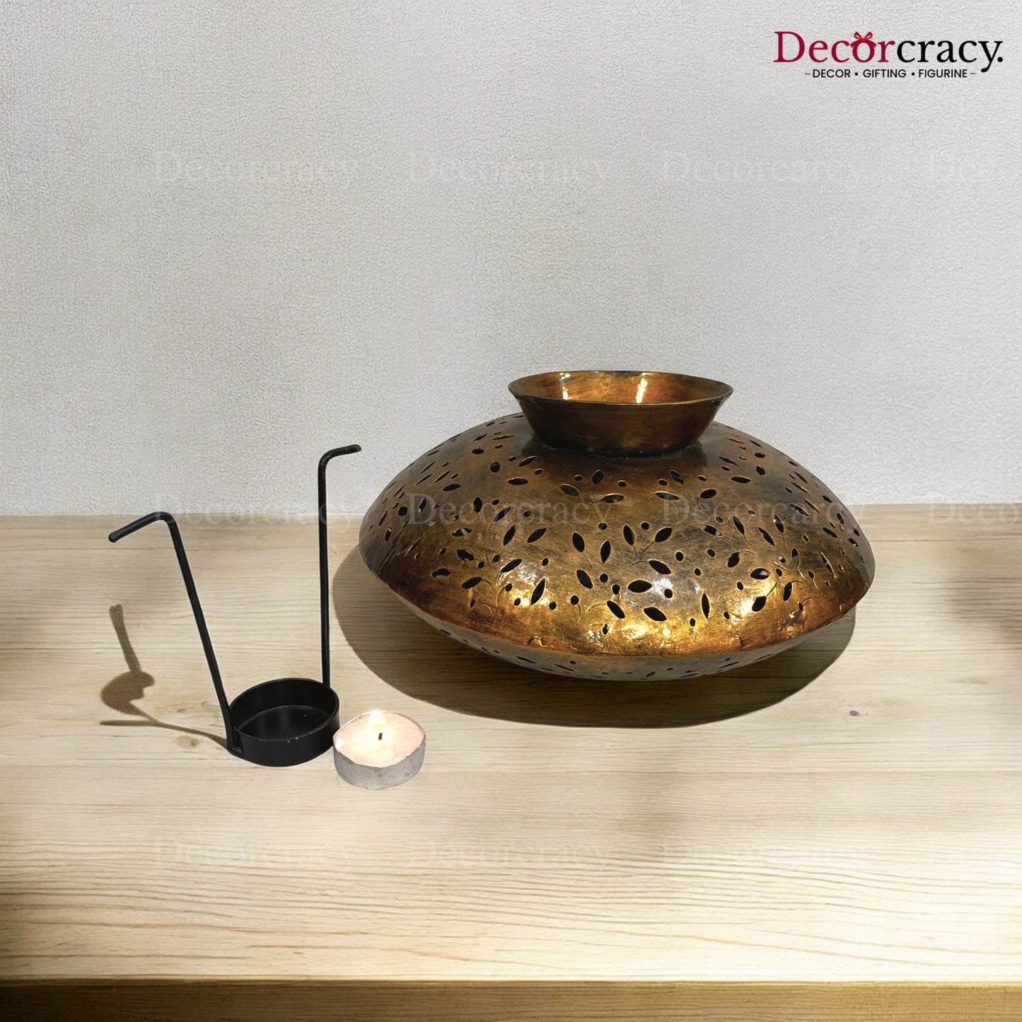 Degchi Iron Antique Golden Netted Design Tealight Candle Holder Stand Tribal Village Art