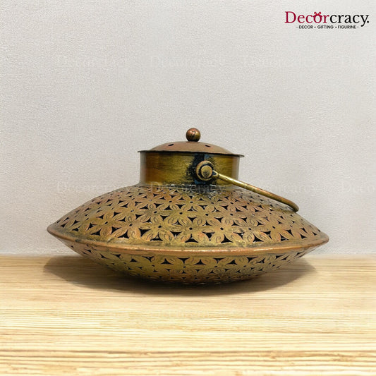Dhoop Dhani Loban Incense Burner Iron Antique Golden Netted Design Tealight Candle Holder Stand Tribal Village Art
