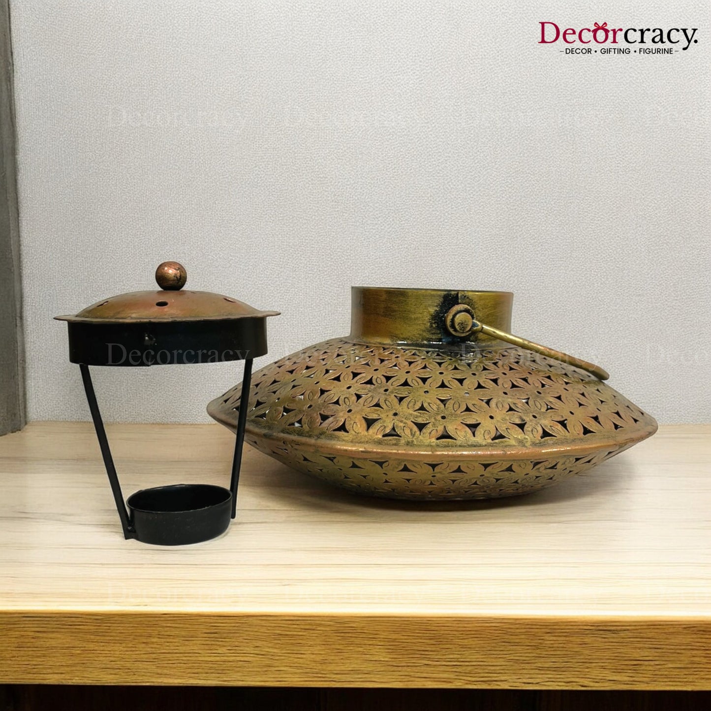 Dhoop Dhani Loban Incense Burner Iron Antique Golden Netted Design Tealight Candle Holder Stand Tribal Village Art