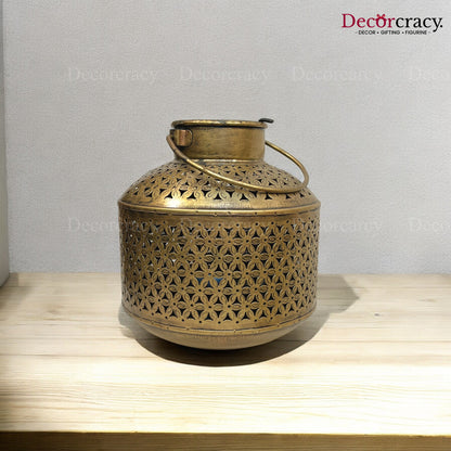 Pot Matka Iron Antique Golden Netted Design Tealight Candle Holder Stand Tribal Village Art