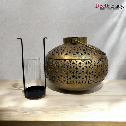 Matka Pot Iron Antique Golden Netted Design Tealight Candle Holder Stand Tribal Village Art