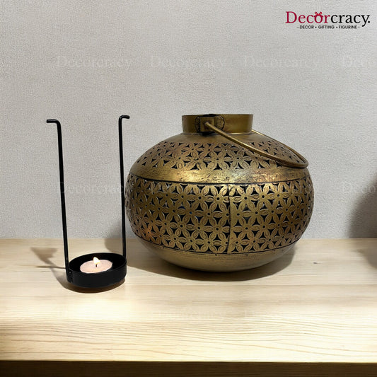 Matka Pot Iron Antique Golden Netted Design Tealight Candle Holder Stand Tribal Village Art