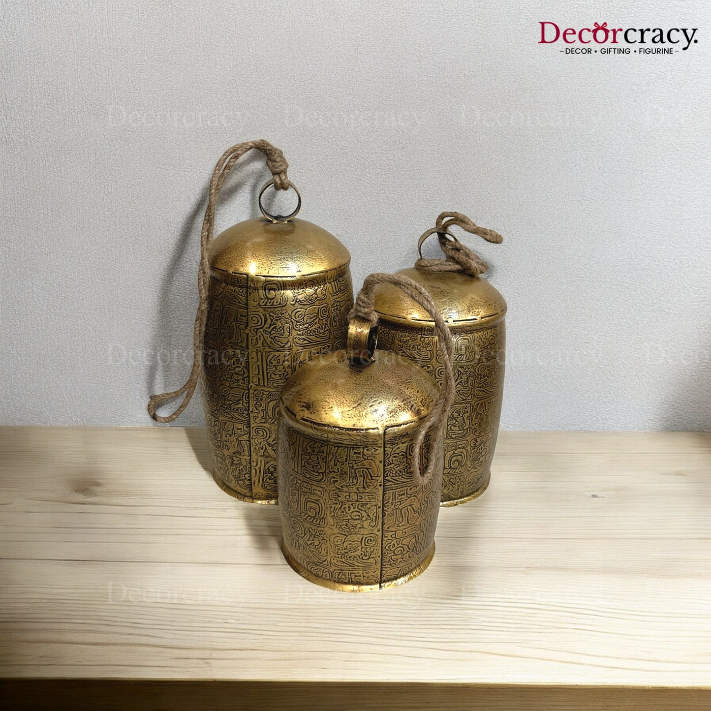 Egyptian Etching Cow Buffalo Bells Set of 3 Antique Golden Vintage Design