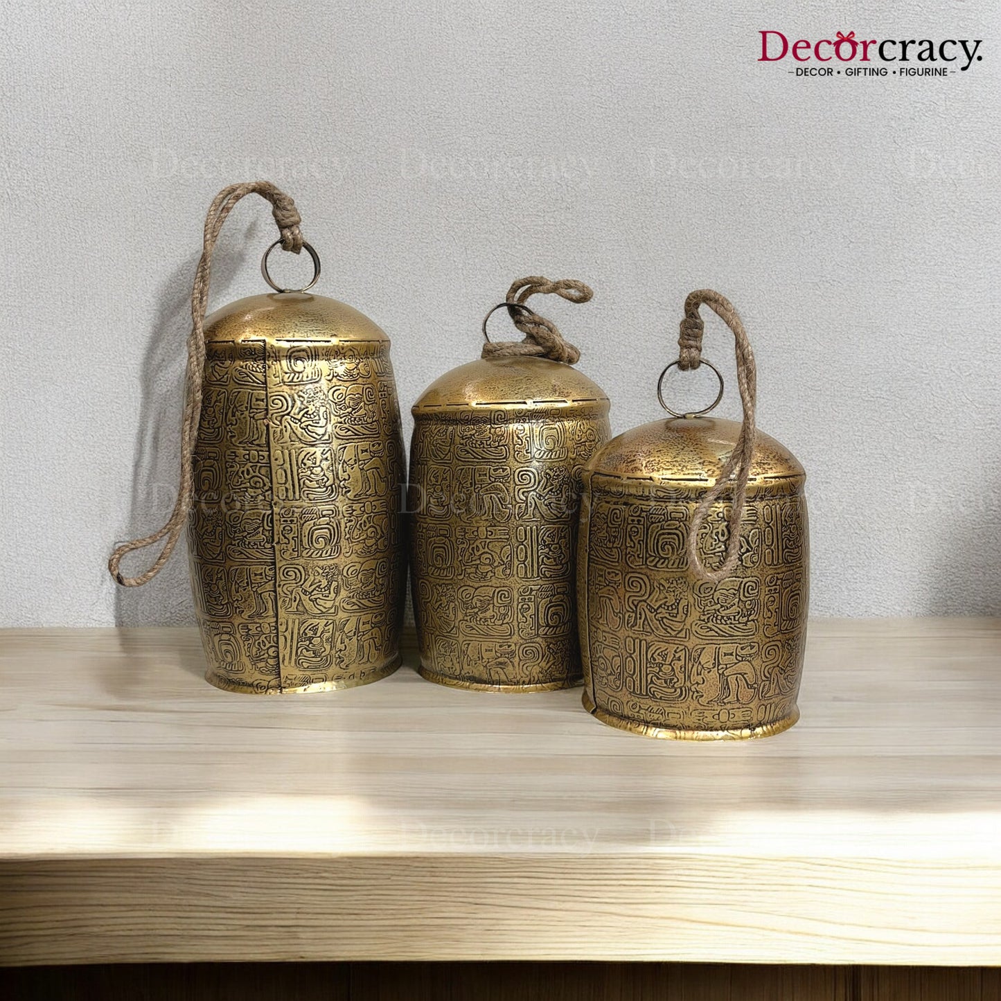 Egyptian Etching Cow Buffalo Bells Set of 3 Antique Golden Vintage Design