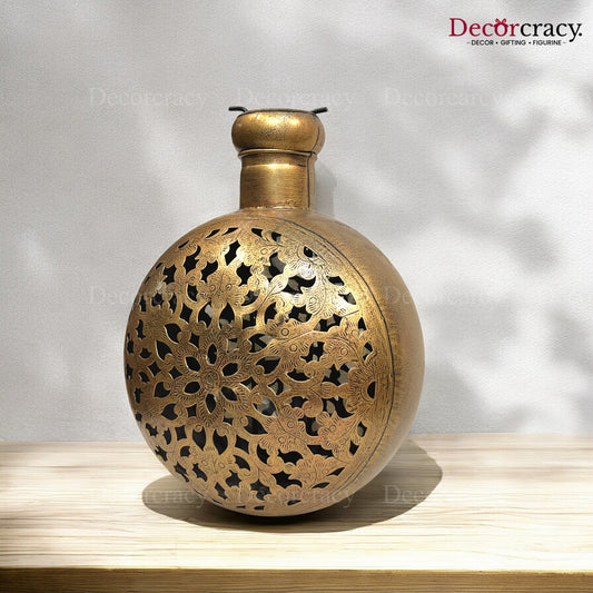 Matka Pot Iron Antique Golden Netted Design Tealight Candle Holder Flower Vase Stand Tribal Village Art