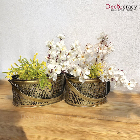 Multipurpose Basket Set of 2 Iron Antique Golden Flower Vase Newspaper Magazine Keeper Netted Design Tribal Village Art