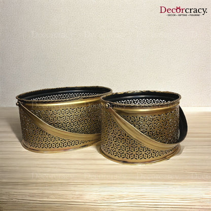 Multipurpose Basket Set of 2 Iron Antique Golden Flower Vase Newspaper Magazine Keeper Netted Design Tribal Village Art