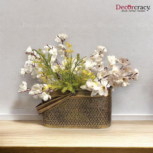 Multipurpose Basket Iron Antique Golden Flower Vase Newspaper Magazine Keeper Netted Design Tribal Village Art