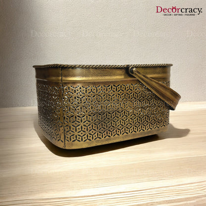 Multipurpose Basket Iron Antique Golden Flower Vase Newspaper Magazine Keeper Netted Design Tribal Village Art
