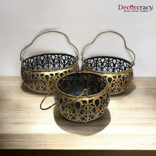 Multipurpose Basket Iron Antique Golden Netted Design Tribal Village Art