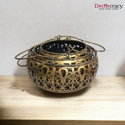 Multipurpose Basket Iron Antique Golden Netted Design Tribal Village Art