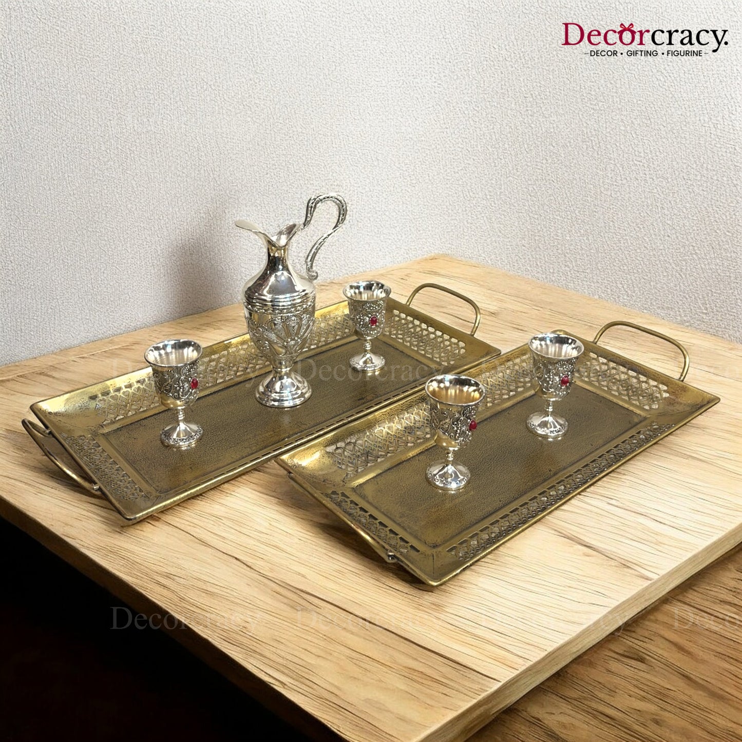 Serving Tray Rectangle set of 2 Iron Antique Golden Netted Design Tribal Village Art