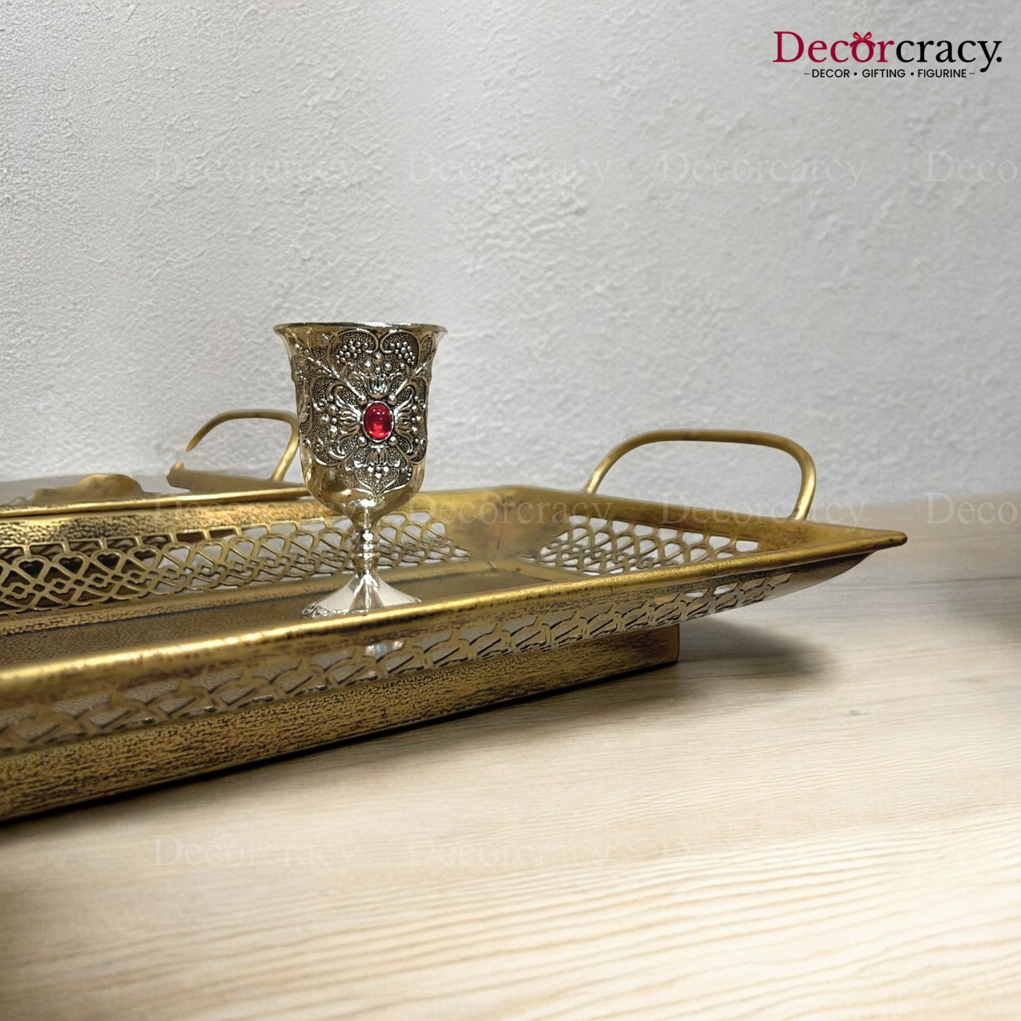 Serving Tray Rectangle set of 2 Iron Antique Golden Netted Design Tribal Village Art