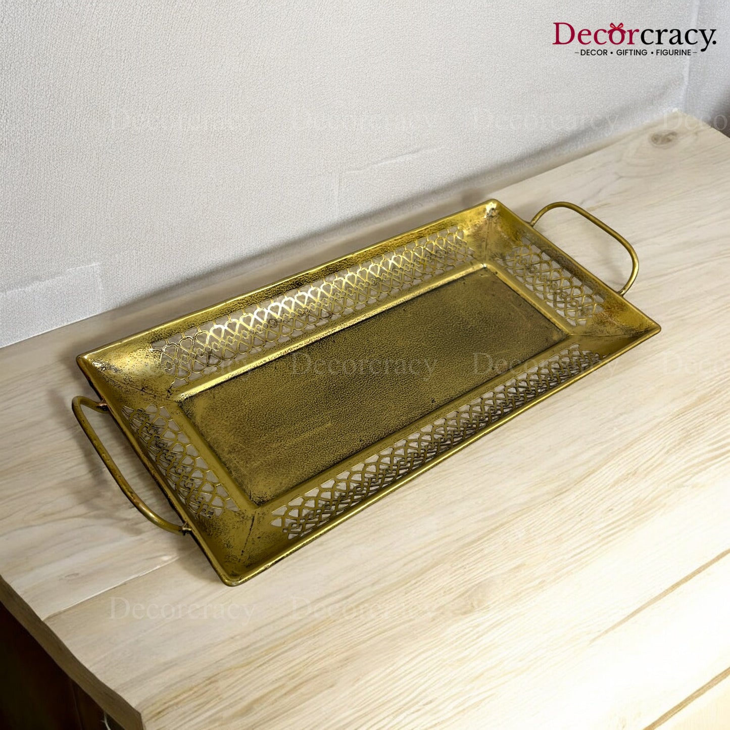Serving Tray Rectangle set of 2 Iron Antique Golden Netted Design Tribal Village Art