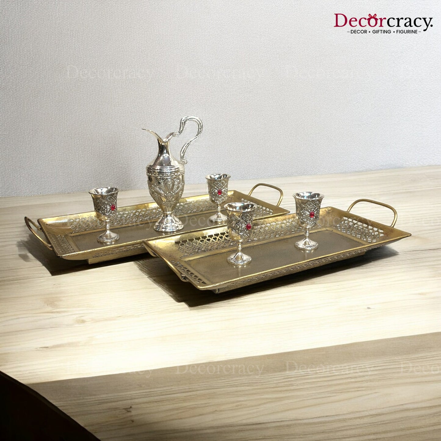 Serving Tray Rectangle set of 2 Iron Antique Golden Netted Design Tribal Village Art