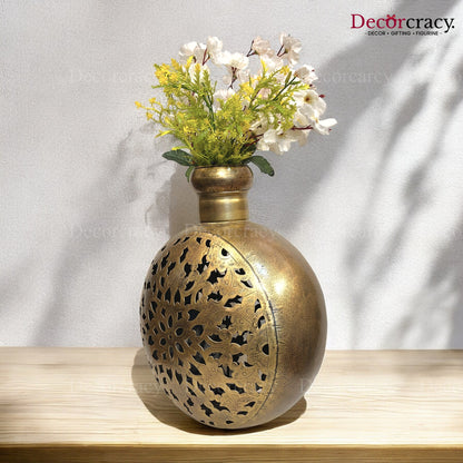 Matka Pot Iron Antique Golden Netted Design Tealight Candle Holder Flower Vase Stand Tribal Village Art