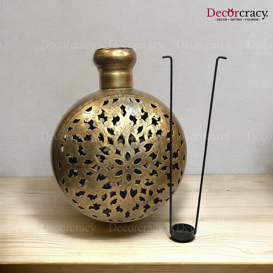 Matka Pot Iron Antique Golden Netted Design Tealight Candle Holder Flower Vase Stand Tribal Village Art